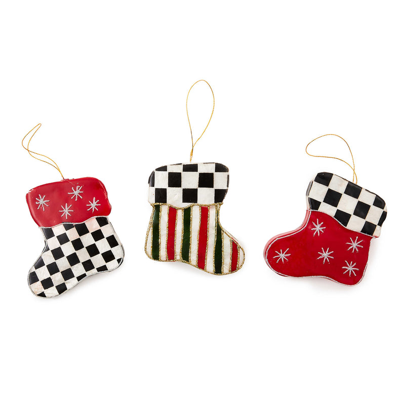 Mackenzie-Childs Cozy Christmas Capiz Stocking Hanging Ornaments, Set of 3