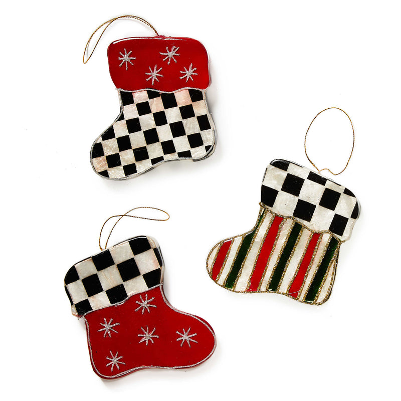 Mackenzie-Childs Cozy Christmas Capiz Stocking Hanging Ornaments, Set of 3