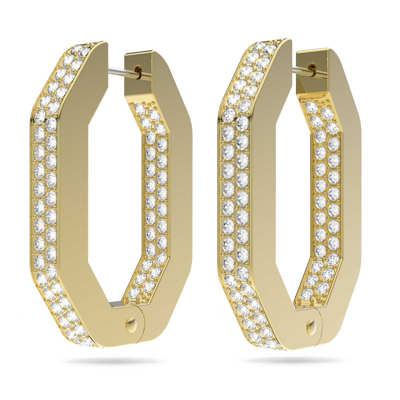 Swarovski Dextera Hoop Earrings, Octagon, Pave, Medium, White, Gold-tone plated