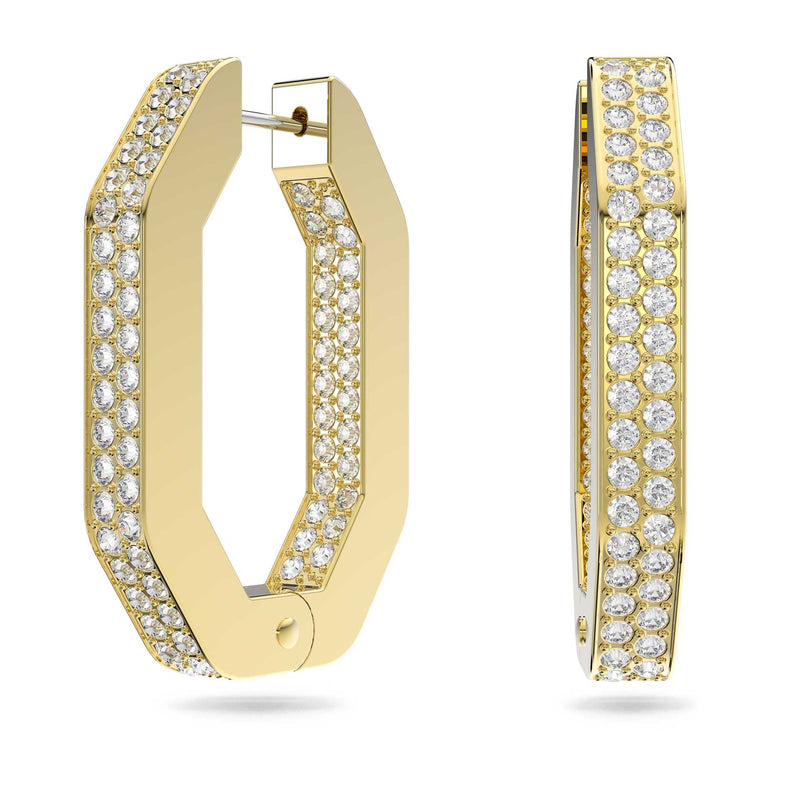 Swarovski Dextera Hoop Earrings, Octagon, Pave, Medium, White, Gold-tone plated