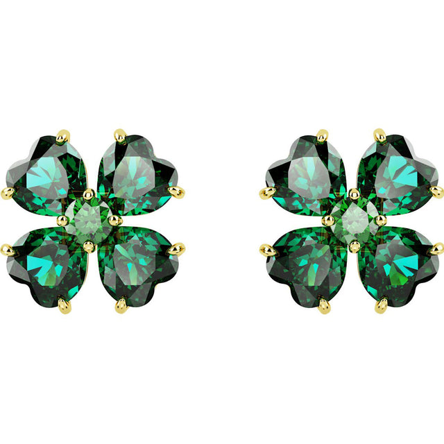 Swarovski Idyllia stud earrings, Clover, Green, Gold-tone plated