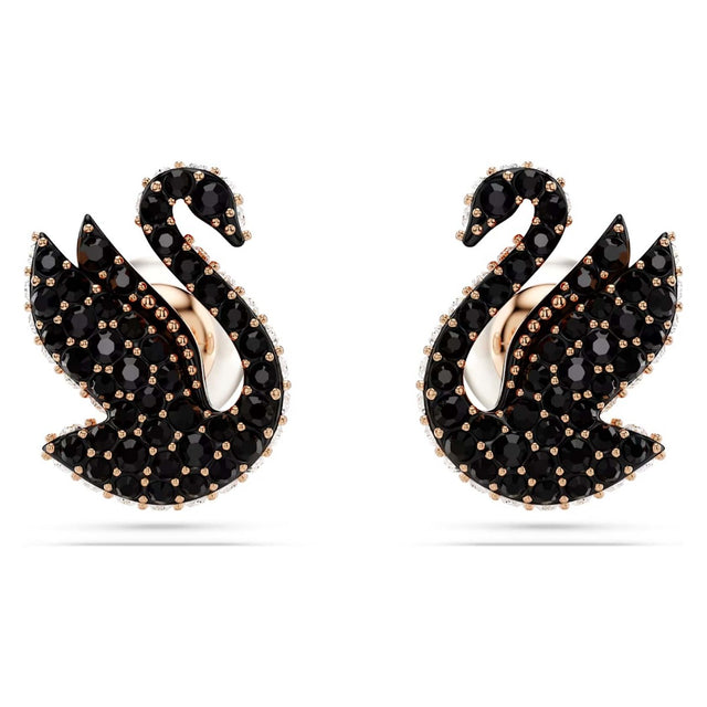 Swarovski Swan stud earrings, Swan, Black, Rose gold-tone plated