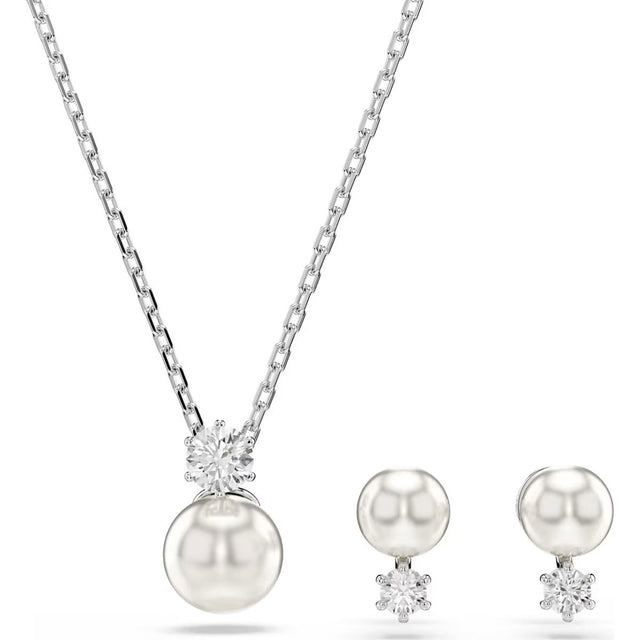 Swarovski Matrix set, Crystal pearl, Round cut, White, Rhodium plated