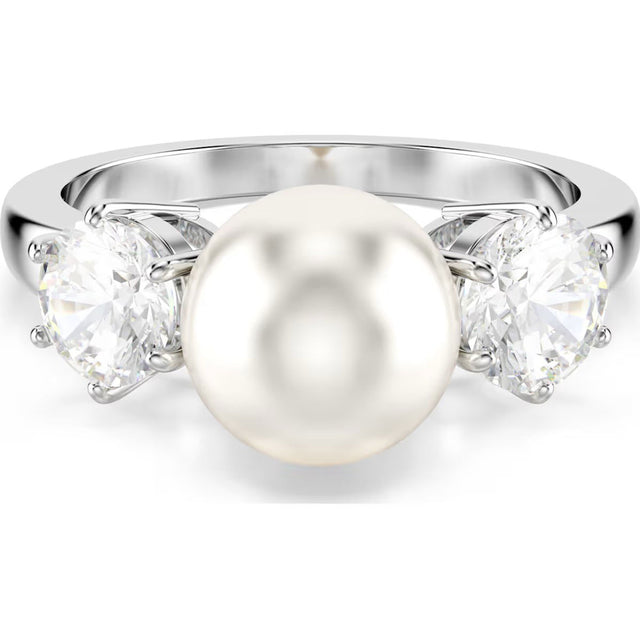 Swarovski Matrix ring, Size 60, Crystal pearl, Round cut, White, Rhodium plated