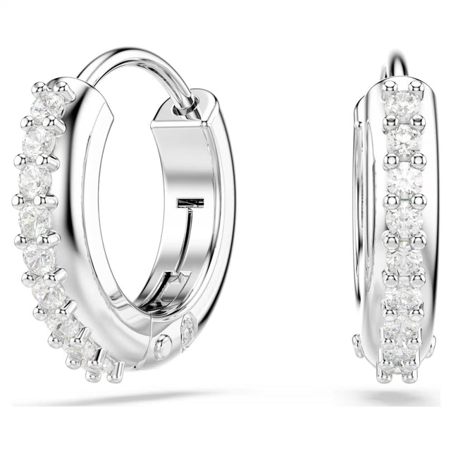 Swarovski Matrix hoop earrings, Round, White, Rhodium plated
