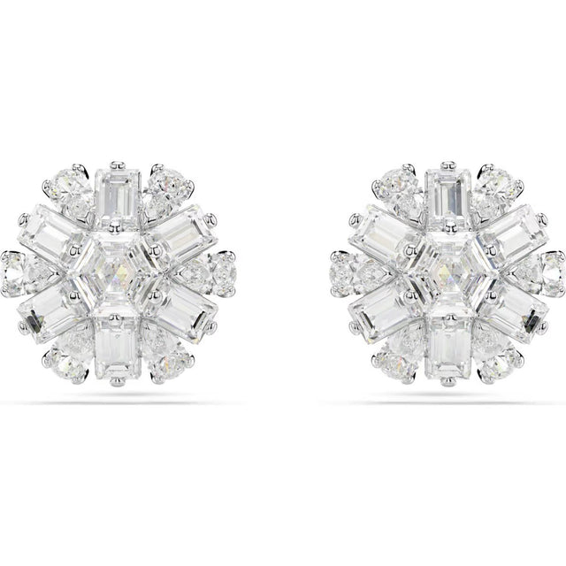 Swarovski Idyllia stud earrings, Mixed cuts, Snowflake, White, Rhodium plated