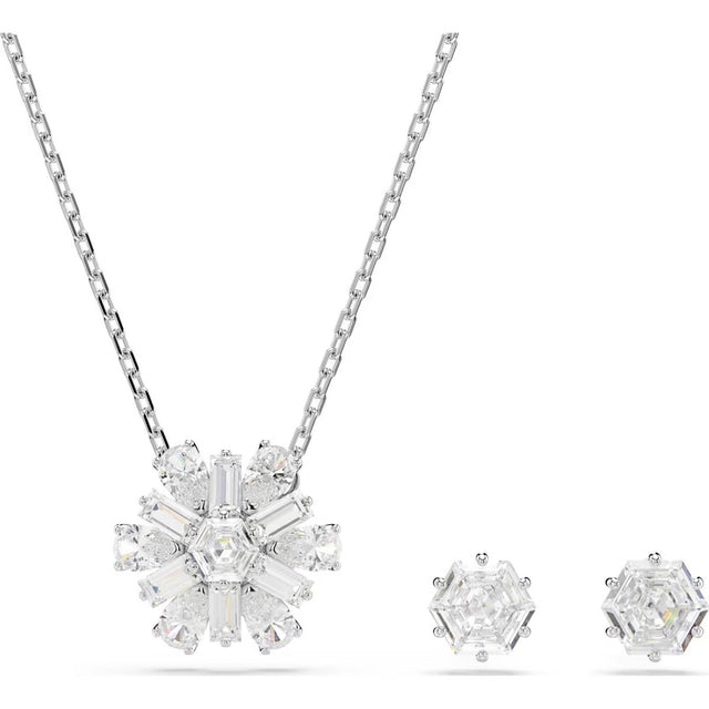 Swarovski Idyllia set, Mixed cuts, Snowflake, White, Rhodium plated