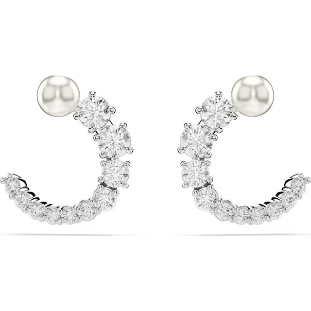 Swarovski Matrix hoop earrings, Crystal pearl, Round cut, White, Rhodium plated