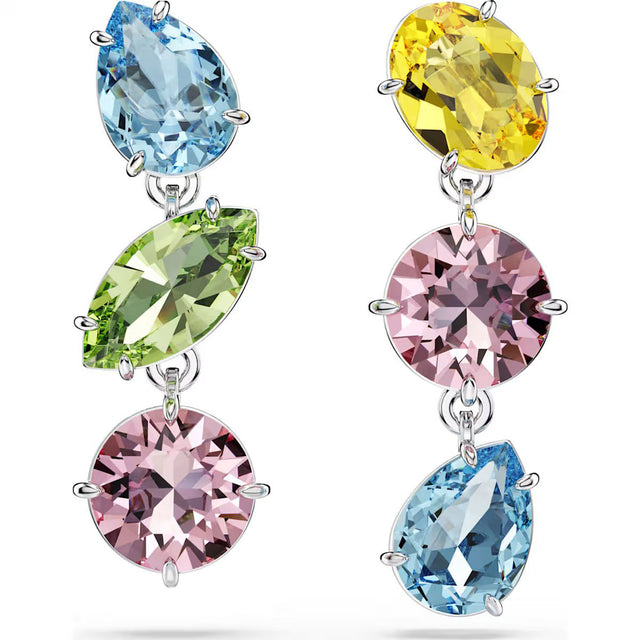 Swarovski Gema drop earrings, Asymmetrical design, Mixed cuts, Multicolored, Rhodium plated
