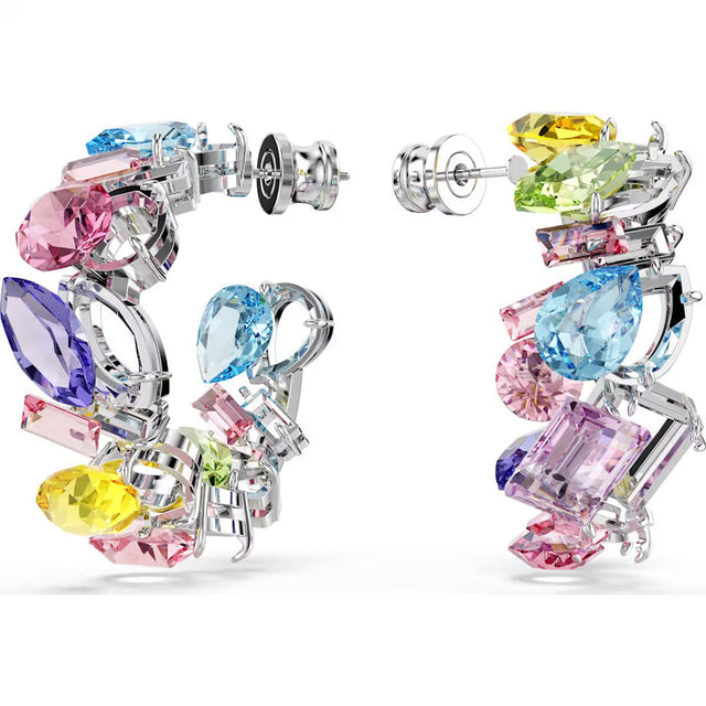 Swarovski Gema hoop earrings, Asymmetrical design, Mixed cuts, Small, Multicolored, Rhodium plated