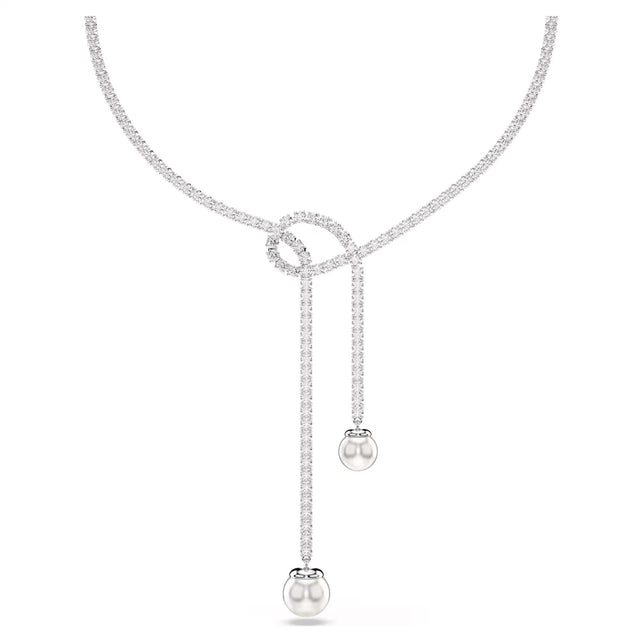 Swarovski Matrix Y necklace, Crystal pearl, Round cut, White, Rhodium plated