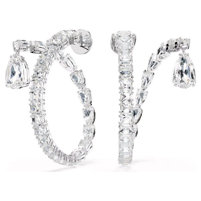Swarovski Matrix hoop earrings, Mixed cuts, White, Rhodium plated