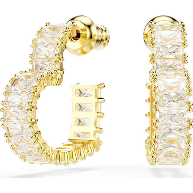 Swarovski Matrix hoop earrings, Baguette cut, Heart, Small, White, Gold-tone plated