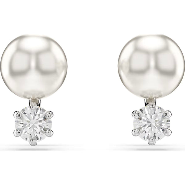 Swarovski Matrix stud earrings, Crystal pearl, Round cut, White, Rhodium plated