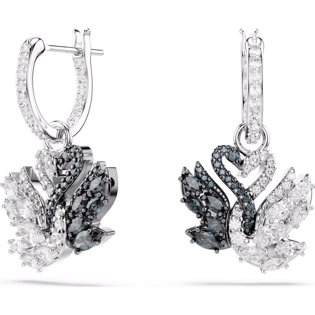 Swarovski Swan drop earrings, Swan, Black, Rhodium plated