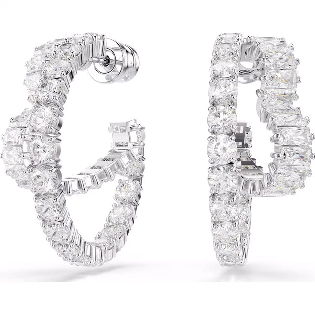 Swarovski Matrix hoop earrings, Mixed cuts, Heart, White, Rhodium plated