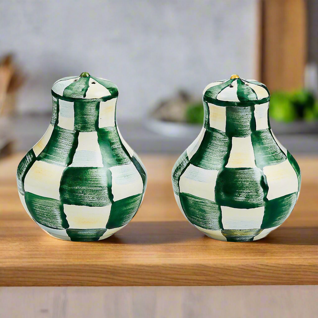 Mackenzie-Childs Emerald Check Salt & Pepper Shakers – David