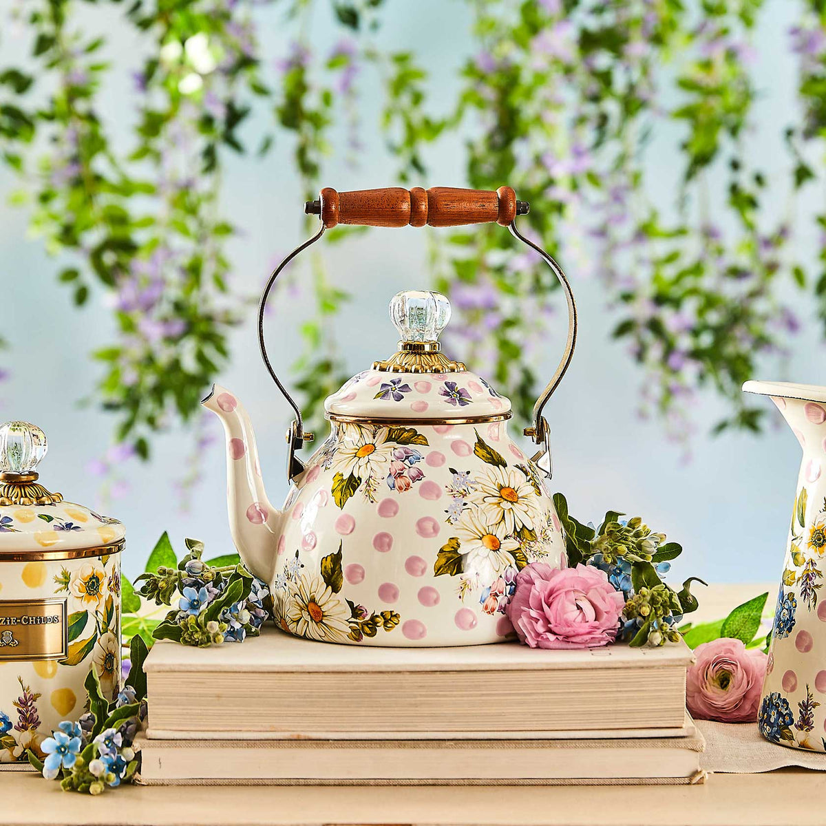 Mackenzie Childs Wild Rose Slate Tea Kettle 3QT