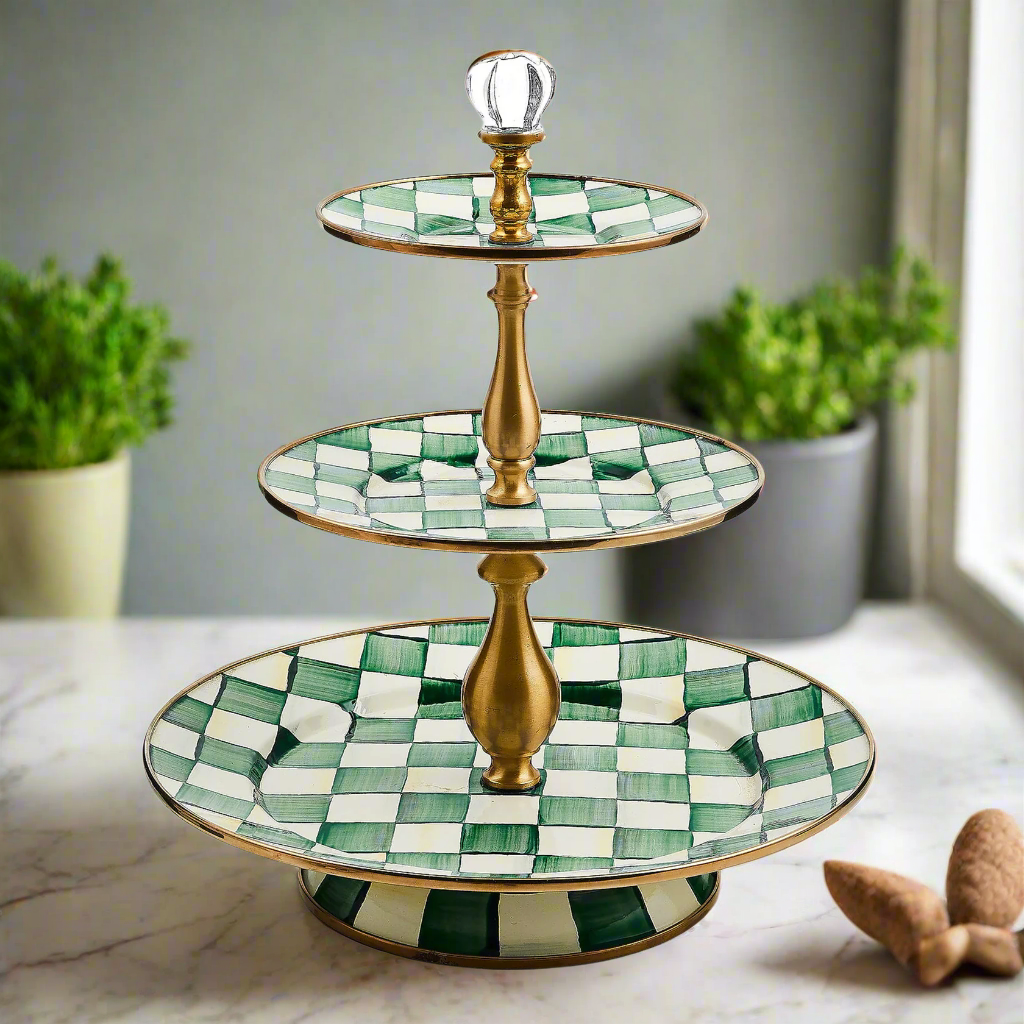 Mackenzie-Childs Emerald Check Three Tier Sweet Stand – David