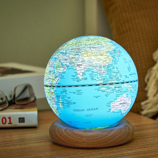 Gingko Atlas Globe Lamp, Mini Light Ocean Blue, White Ash Base