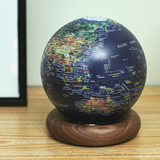 Gingko Atlas Globe Lamp, Mini Dark Ocean Blue, Walnut Base