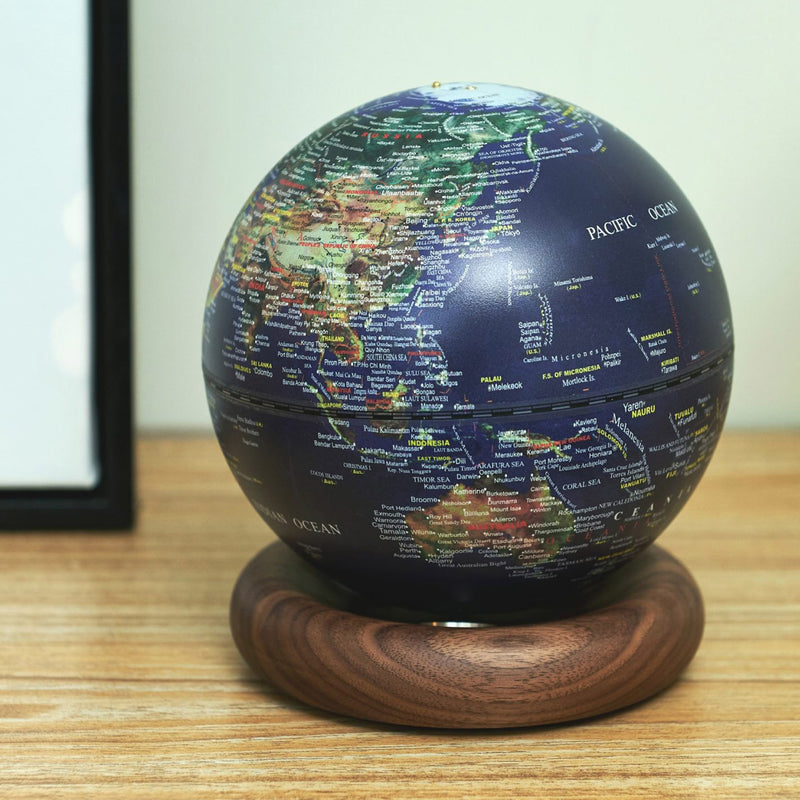 Gingko Atlas Globe Lamp, Mini Dark Ocean Blue, Walnut Base