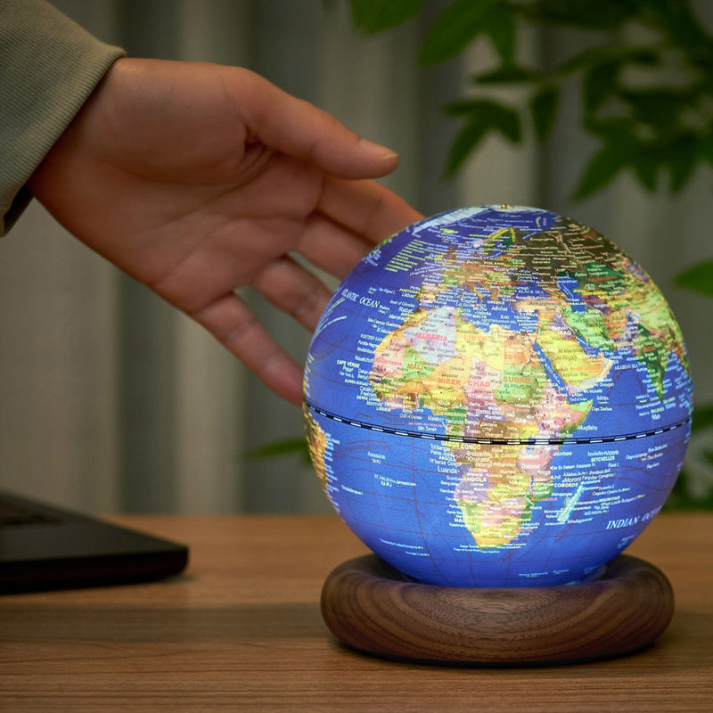 Gingko Atlas Globe Lamp, Mini Dark Ocean Blue, Walnut Base