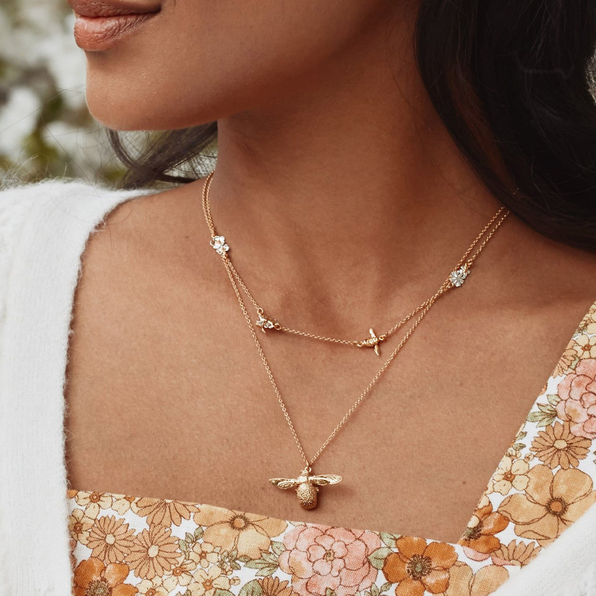 Alex Monroe Jewellery Floral Chain Necklace with Teeny Tiny Bee