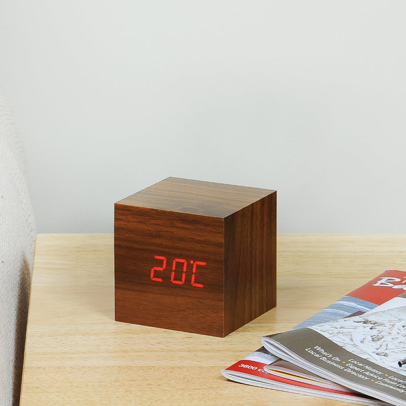 Gingko Wooden Cube Click Clock, Walnut / Red LED