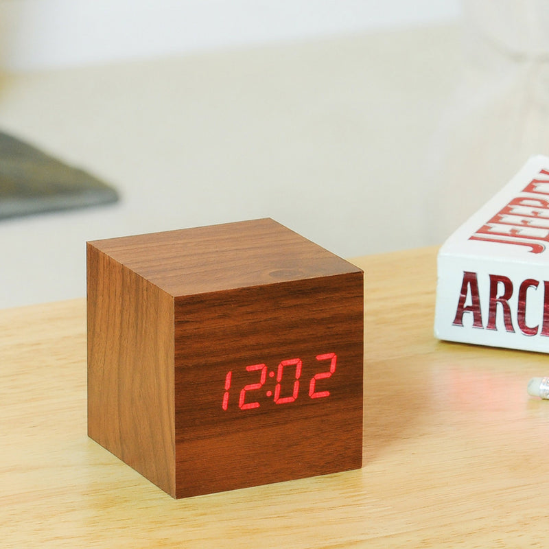 Gingko Wooden Cube Click Clock, Walnut / Red LED