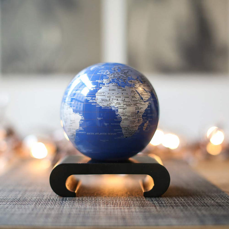 Blue and Silver Mova Globe 4.5 inch displayed on stand