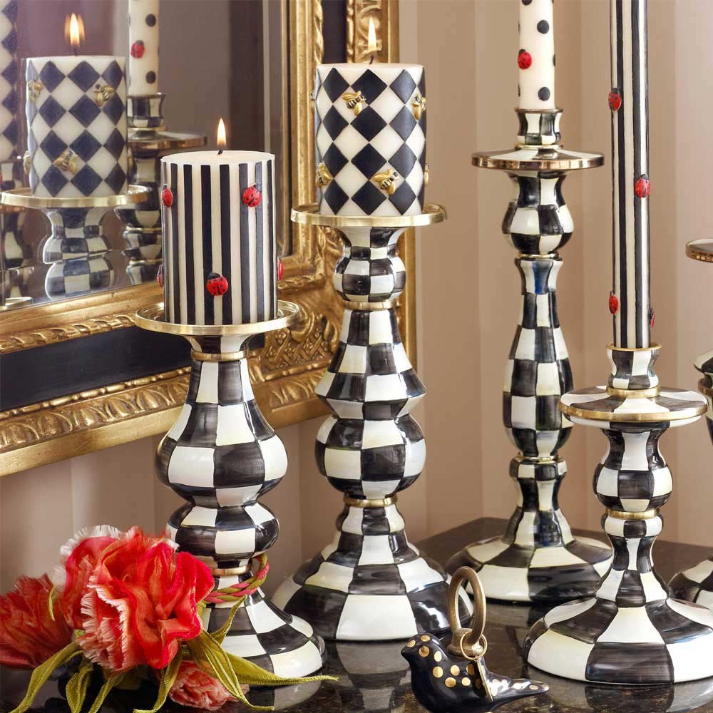 Mackenzie Childs Courtly Check Medium Enamel Pillar Candlestick