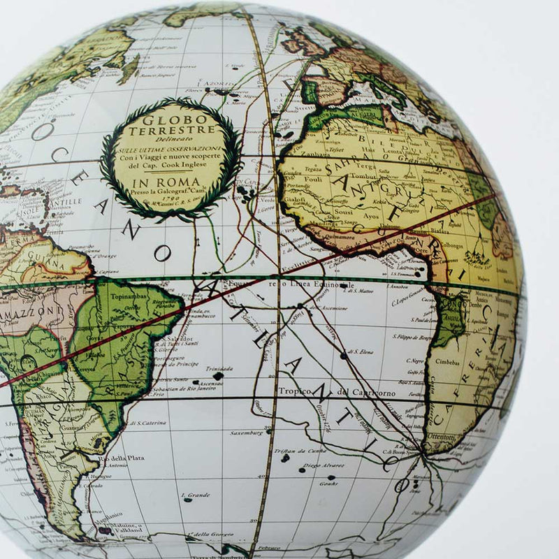 6 inch White Antique Terrestrial Mova Globe - Close up