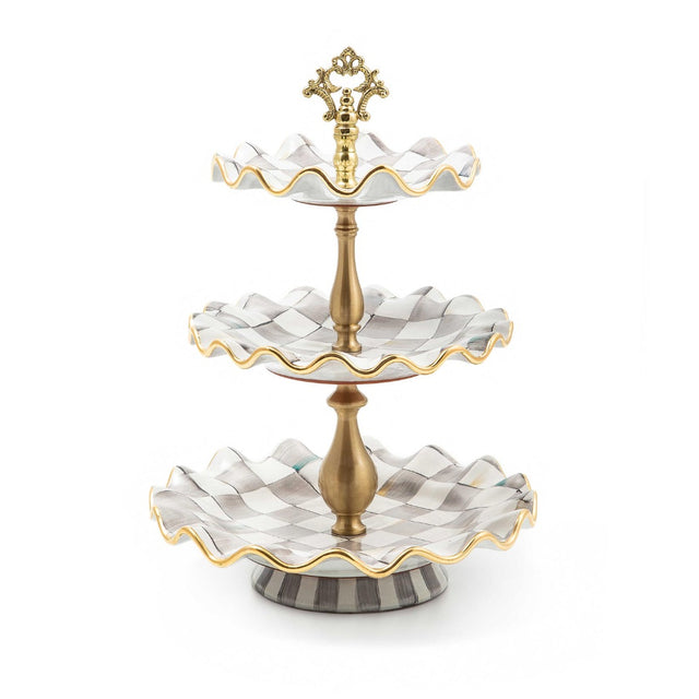 Mackenzie-Childs Sterling Check Ceramic Three Tier Sweet Stand