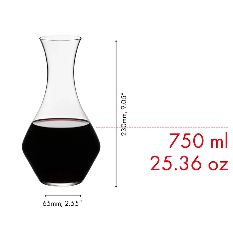 750 ml glass wine decanter, tall slender shape with dark red wine level at top