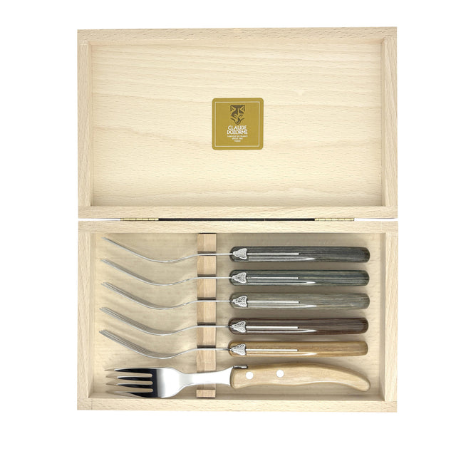 Laguiole Set of 6 Steak Forks, 6 Assorted Ever-woods, by Claude Dozorme