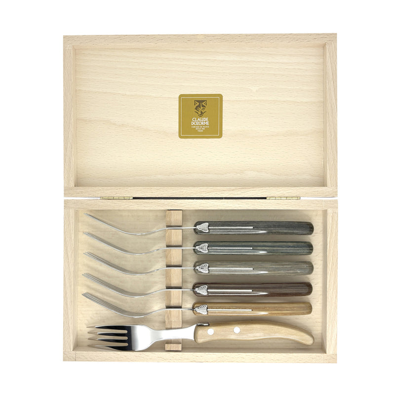 Berlingot Steak Forks, Mixed Wood, Set of 6, by Claude Dozorme