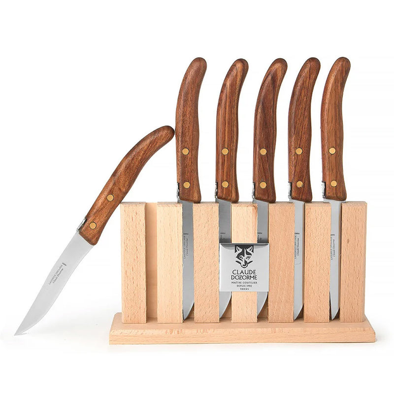 Grillade Steak Knives, Exotic wood, Wood Block, Set of 6, By Claude Dozorme