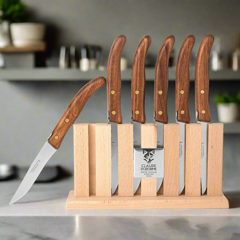 Grillade Steak Knives, Exotic wood, Wood Block, Set of 6, By Claude Dozorme