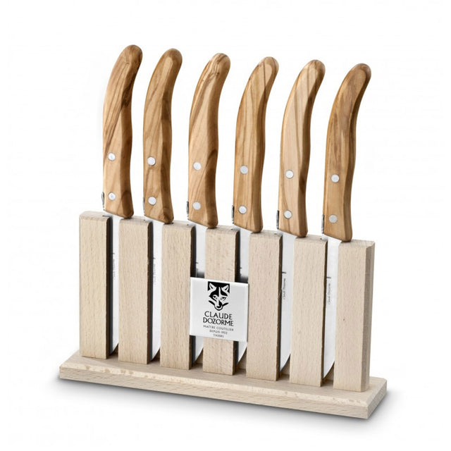 Grillade Steak Knives, Olive wood, Wood Block, Set of 6, By Claude Dozorme