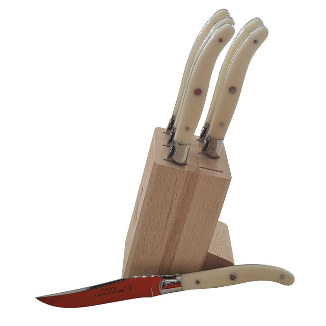 Super Laguiole Steak Knives, Cream, Wood Block, Set of 6, By Claude Dozorme