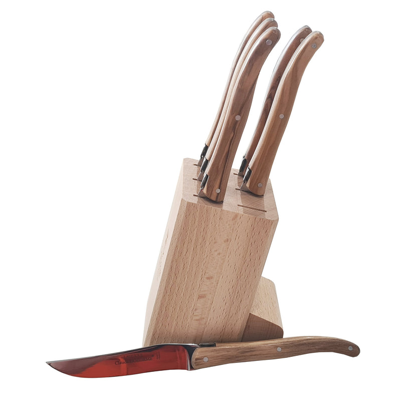 Super Laguiole Steak Knives, Olive Wood, Wood Block, Set of 6, By Claude Dozorme