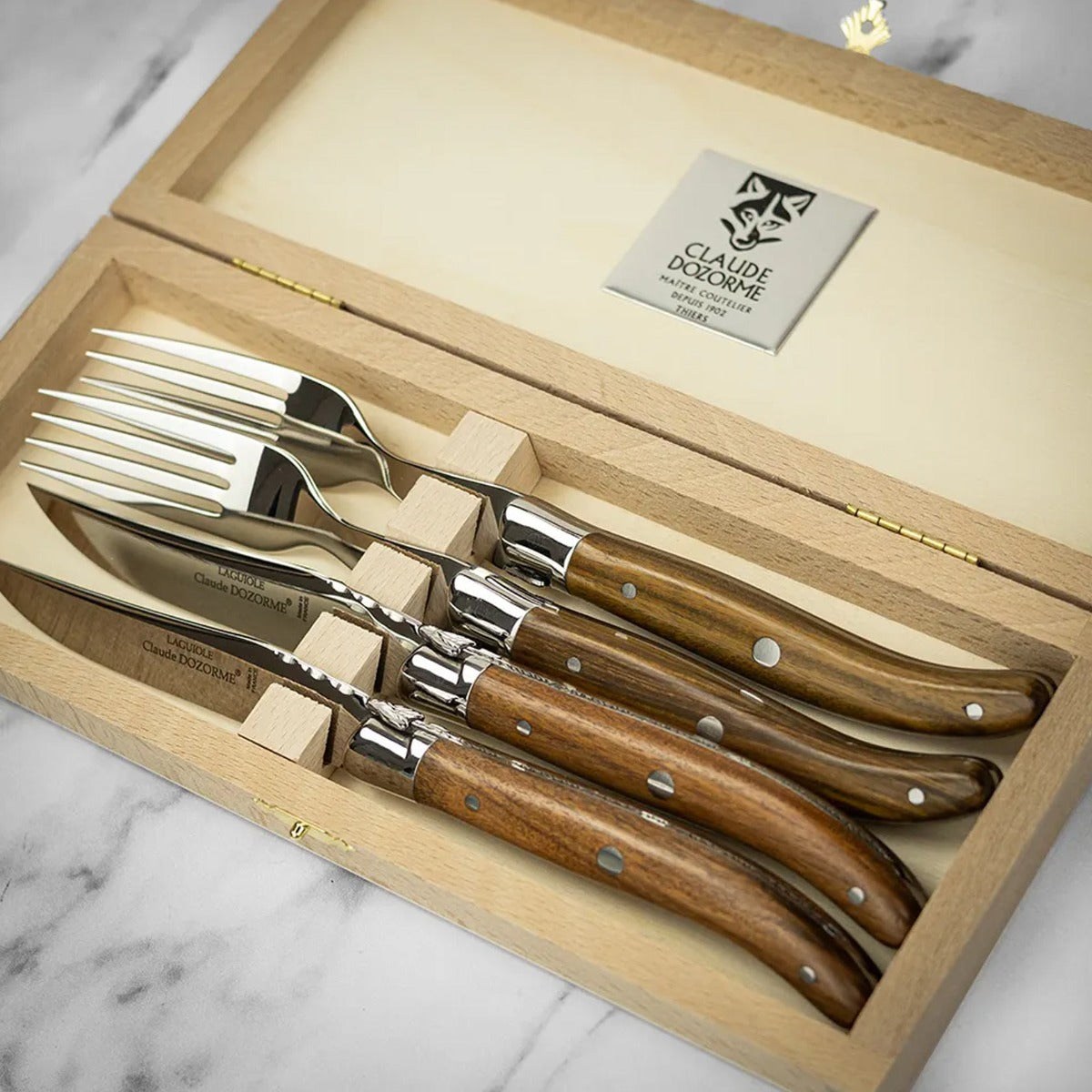 Laguiole Steak Knives & Forks, Rosewood, Set of 4, by Claude