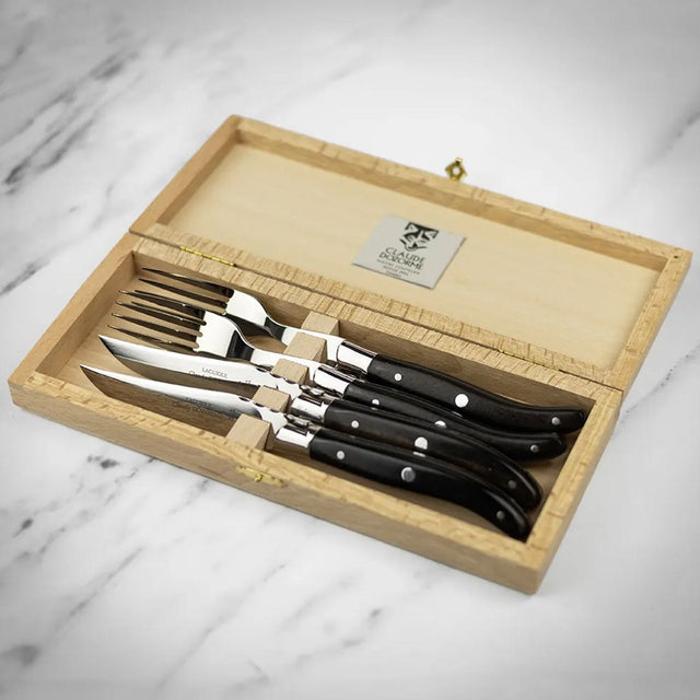 Super Laguiole Steak Knives & Forks, Ebony, Set of 4, by Claude Dozorme