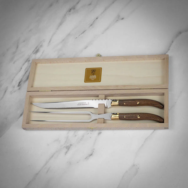 Walnut carving set in wooden gift box with knife and carving fork