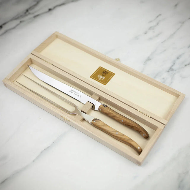 Carving set in light wood presentation box with olive-wood handles and stainless tools