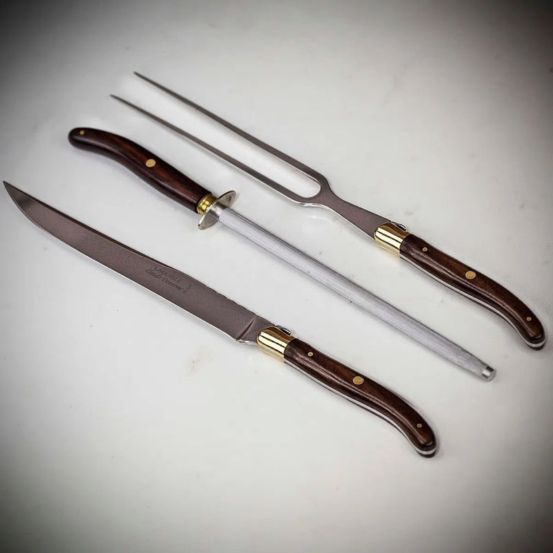 Carving set with two stainless steel knives and rosewood handles, gold accents
