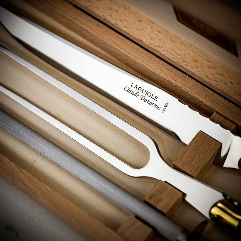 Carving set in wooden tray with stainless blades and rosewood-handled knife