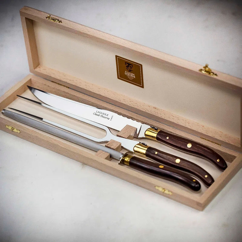 Carving set in wooden gift box with two knives, rosewood handles, and gold details