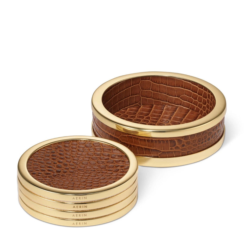 Aerin Classic Croc Leather Coasters, Chestnut, Set of 4